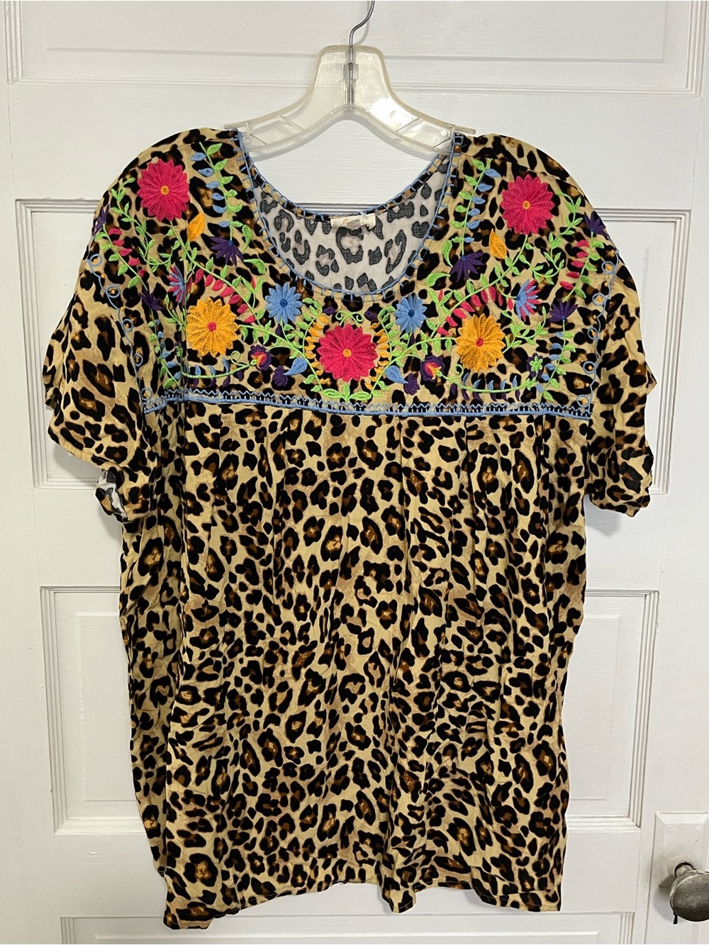 Leopard Print Tunic Top with Multicolor Floral Embroidery XL